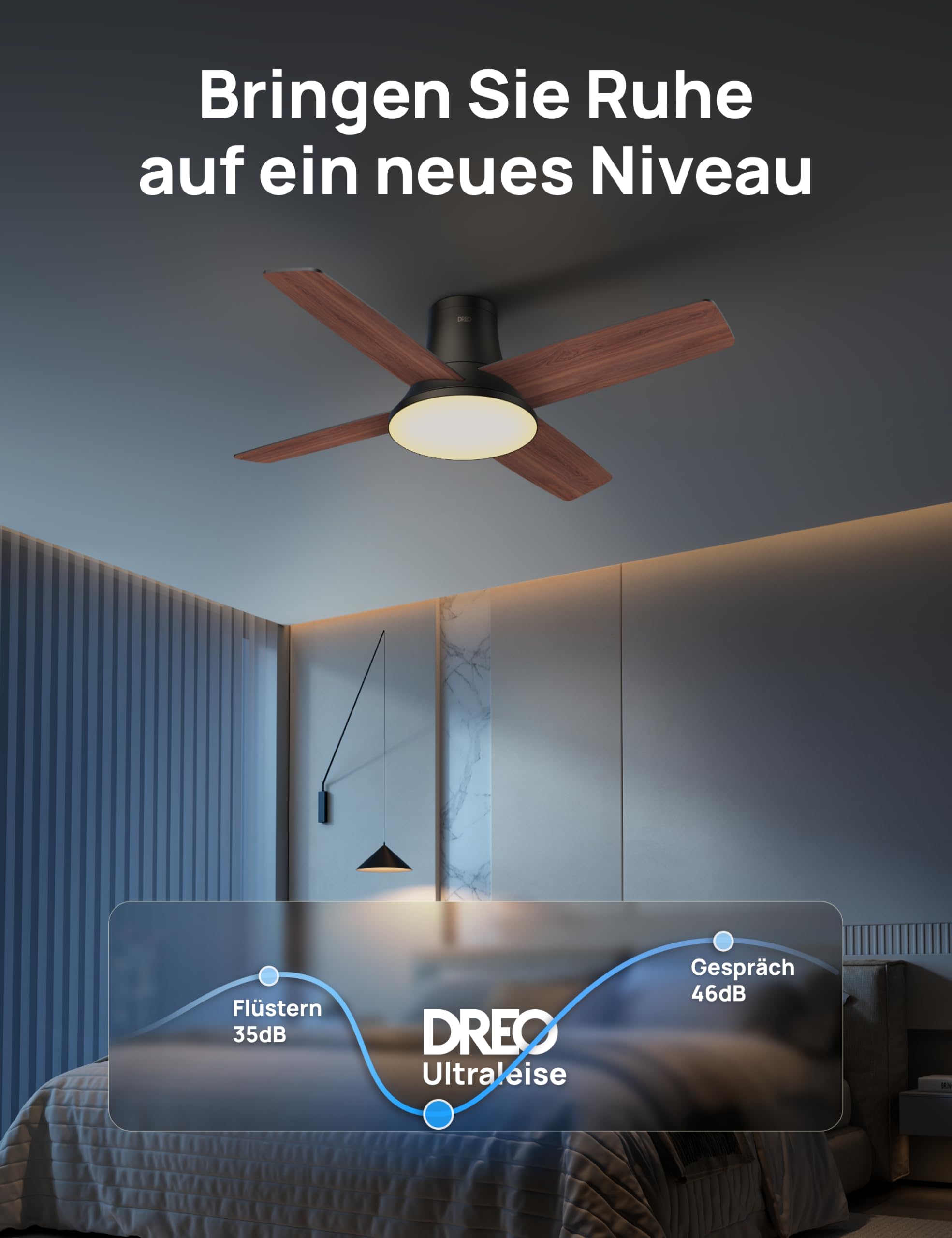Dreo Ceiling Fan with Light and Remote Control, 44 Inch Flat Black Reversible 5CC 6 Level Dimmable 6 Speeds Quiet Timer Easy Assembly for Bedroom