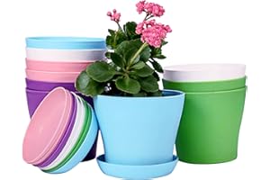 TDHDIKE 10 Pcs 5.5" Plastic Planters Indoor Flower Plant Pots, Medium Flower Seedlings Nursery Pot/Planter with Pallet, Modern Decorative Gardening Containers (Pink/White/Purple/Blue/Green)