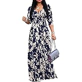 Yajedo Womens Casual Summer Maxi Dress Plus Size Sexy Warp V Neck 3/4 Sleeve Sundress with Poctets
