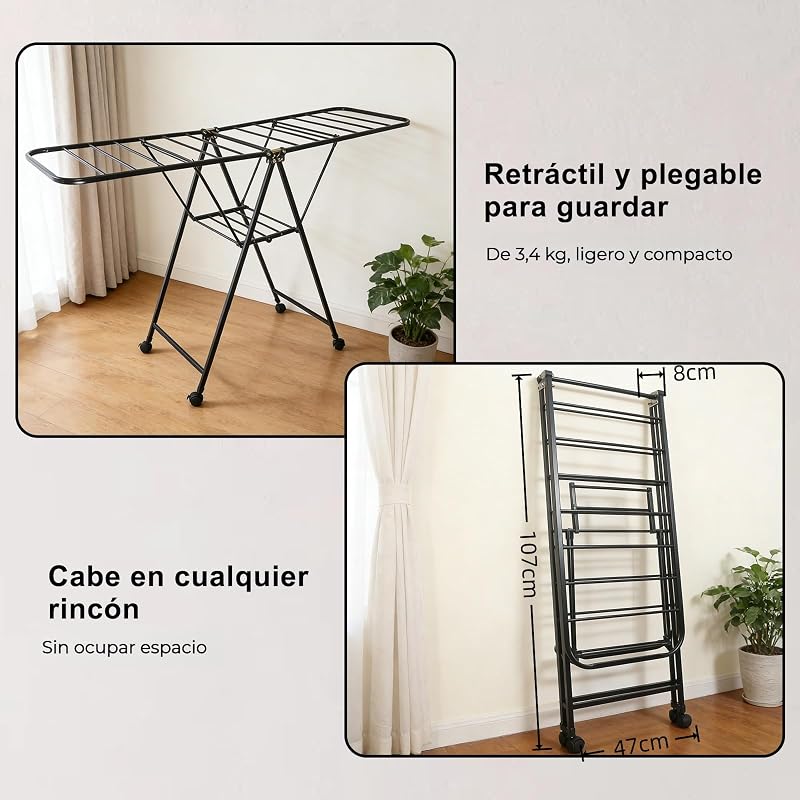 Varal dobrável com rodas, aço carbono, asas extensíveis até 1,7 m, altura ajustável, carga de 40 kg, secador para interior e exterior, preto