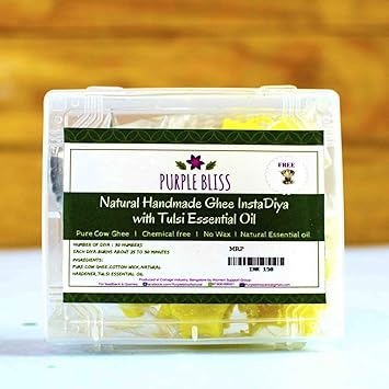 PurpleBliss Ghee & Tulsi Natural Essential Oil Diya (10 cm x 6 cm x 4 cm, Yellow, Pack of 30)