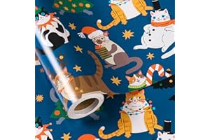 LeZakaa Cat Christmas Wrapping Paper Mini Roll, Funny Cats in Playful Christmas Costumes, Stars in Blue Xmas Design, Holiday Party Gift Wrap for Kids Boys Girls, 17 inches x 16.4 Feet