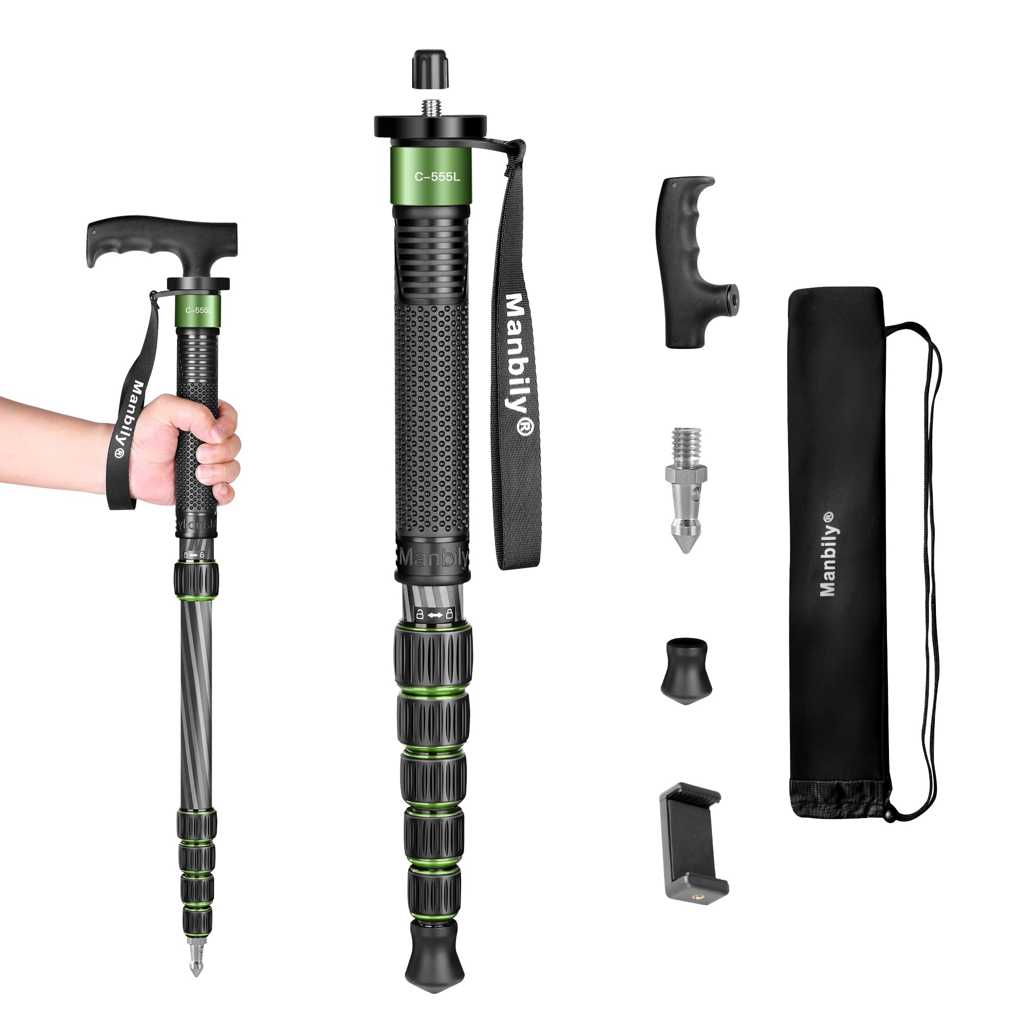Camera Stand Monopod Manbily Walking Stick Monopods for Cameras Carbon Fiber Portable Compact Travel Monopod Unipod Stick with handle 6 Sections 61inches 15.4lbs for DSLR Video Camcorder Stand (Green)