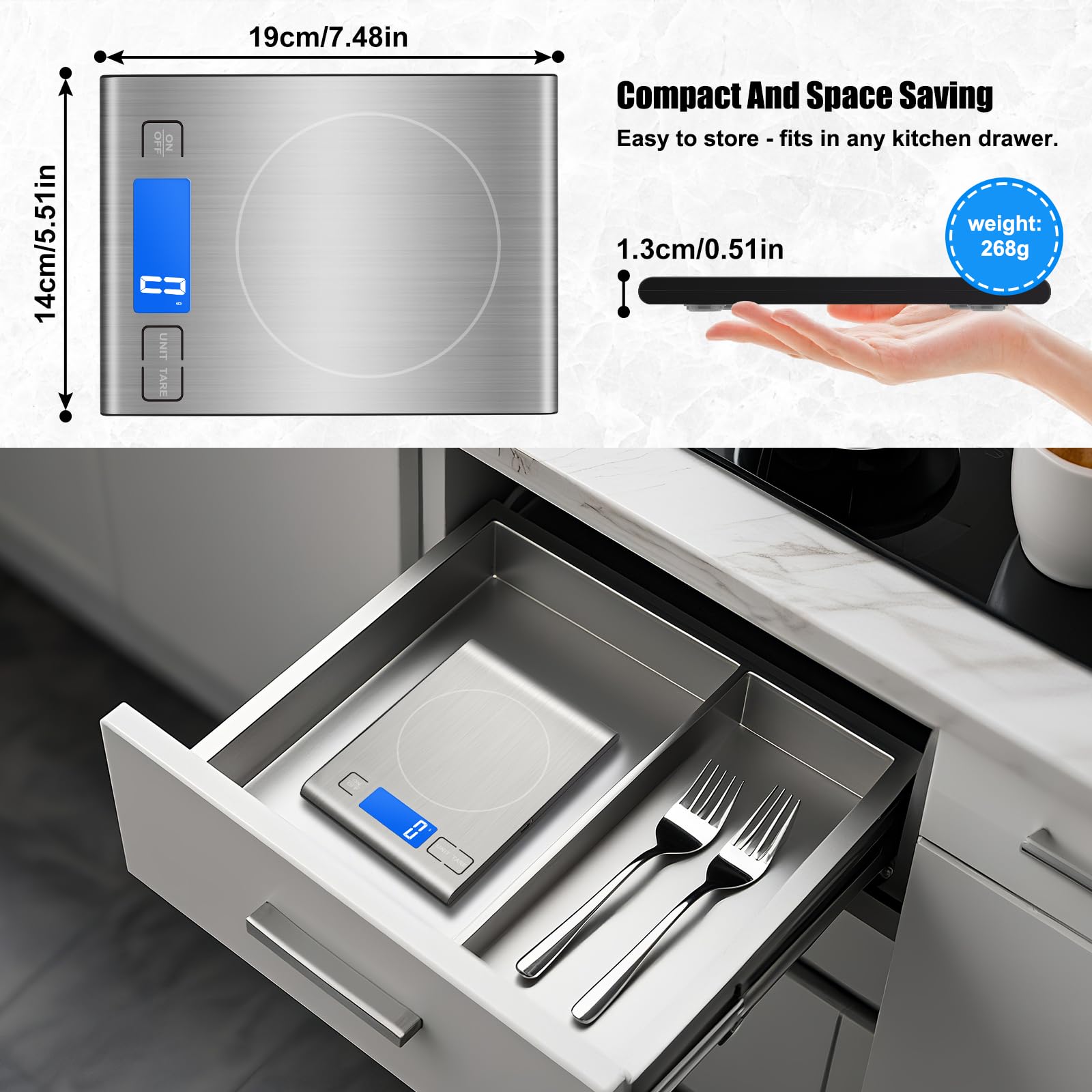 33lb Rechargeable Food Scale, Diyife 304 Stainless Steel Digital Kitchen Scale with 3 Buttons, Weight Grams and Ounces for Baking, Cooking, 5 Units with Tare Function, LCD Display, 2 AAA Batteries