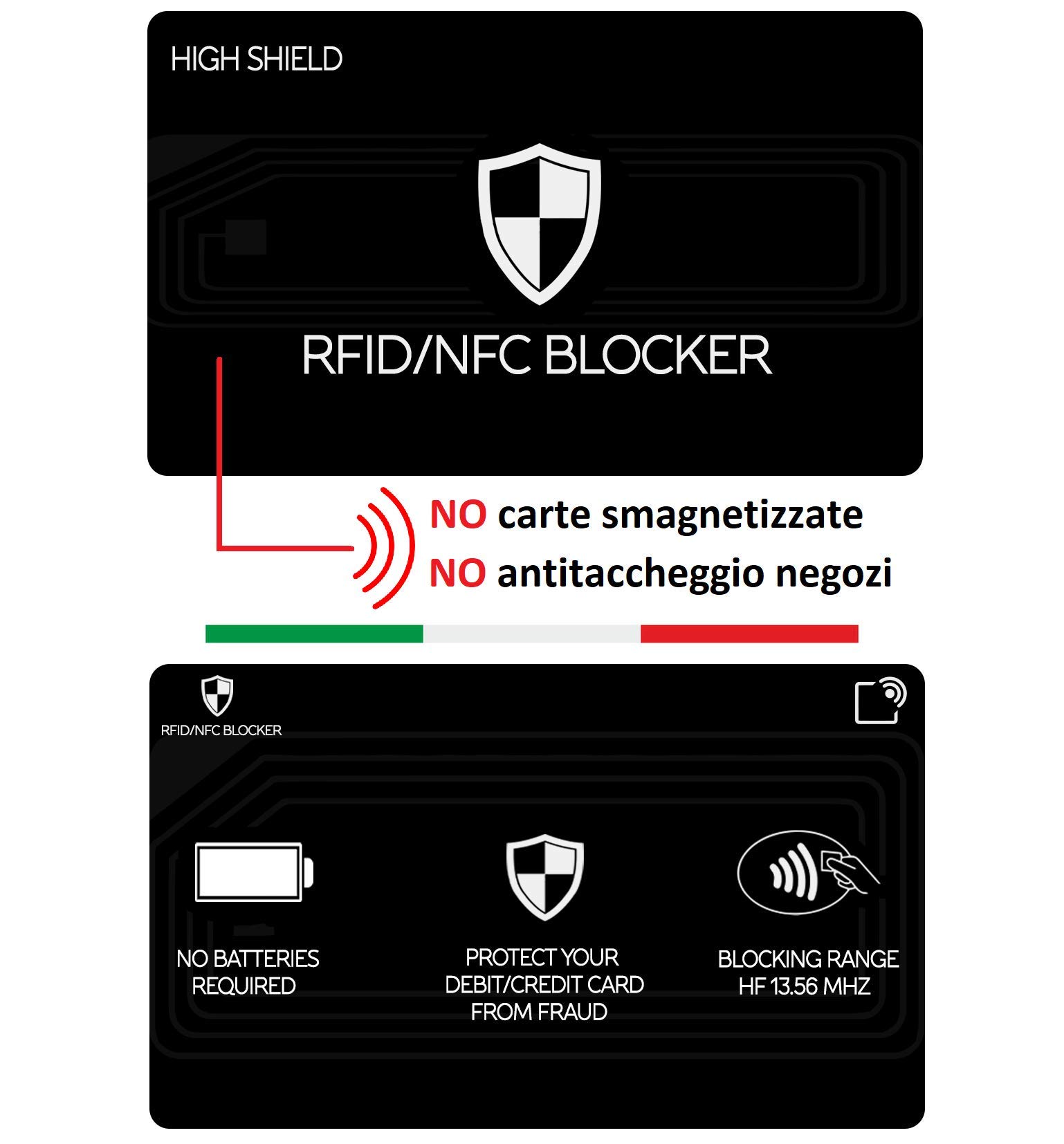 Protezione RFID HIGH SHIELD, RFID Card per Portafoglio, RFID Blocking Card Uomo e Donna, RFID Blocker, RFID/NFC Card Protection, Anti RFID - Protezione Totale per le tue Carte [NUOVA TECNOLOGIA]