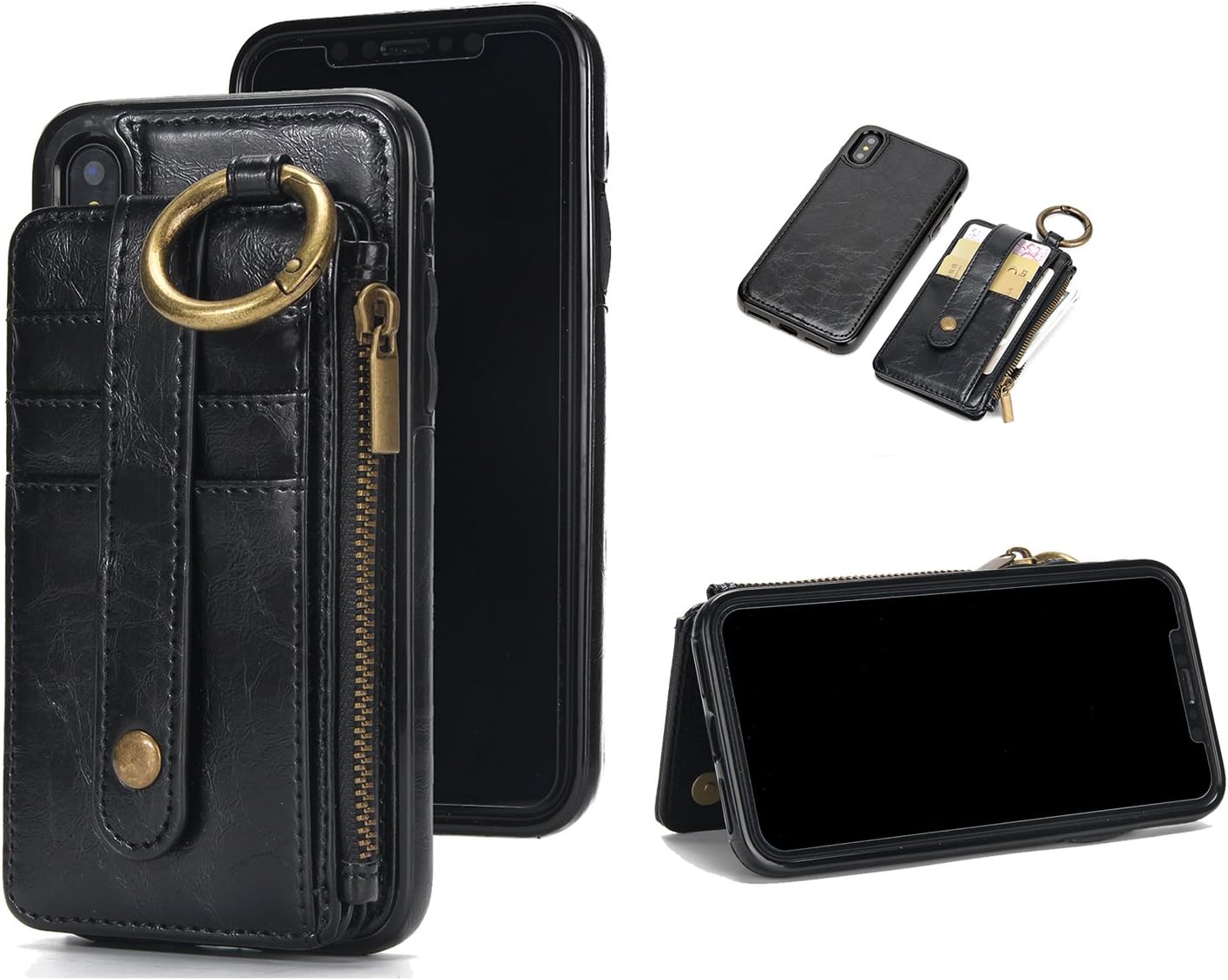 Wisecoco iphone 8/7 plus Wallet Case with Card Holder,Magnetic Detachable Slim Shockproof Car Phone Cover,Credit Card Holder Strap Slot with Zipper Pocket For Apple iphone 8 plus/iphone 7 plus (Black)