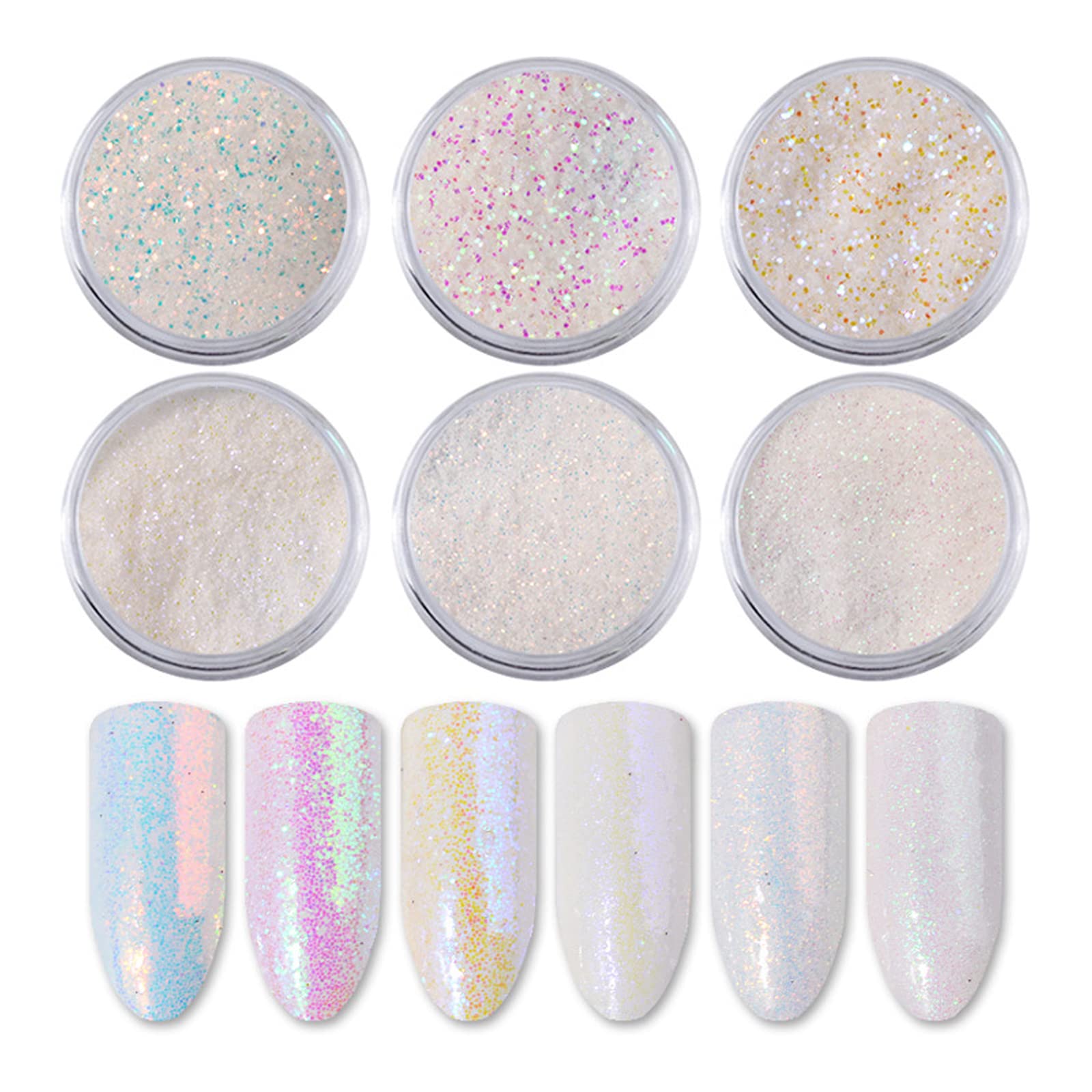 Suxgumoe Nail Glitter Powder, 6 Color Chrome Nail Powder Aurora Pearl White Nail Powder Holographic Mermaid Mirror Effect Glitter Sequins for Nail Art Decoration, 50 g — image 1