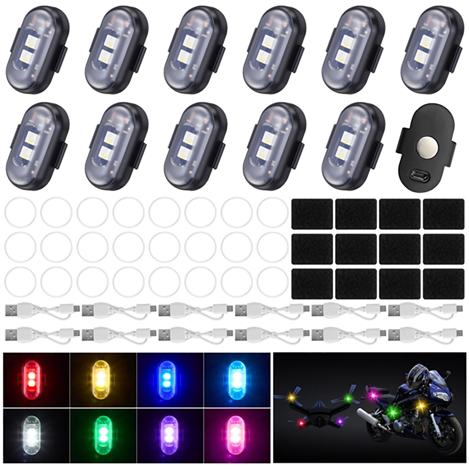 Photo 1 of Xuhal 12 Pcs Magnetic Wireless LED Strobe Lights with Remote Control 8 Color RGB High Brightness Waterproof Anti Collision USB Emergency Warning Light for Car Motorcycle RC Aircraft Bike