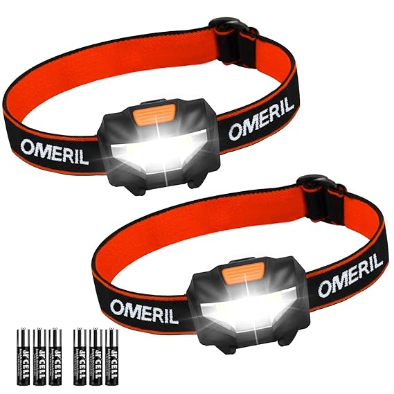 Linterna Frontal (2 Pack) OMERIL Linterna Cabeza, Super Ligera (43g), 3 Modos de Luz, IP44 Impermeable, 150 Lúmenes Frontal LED para Correr, Caminar, Acampar, Pescar, Niños (6 Pilas AAA Incluidas)