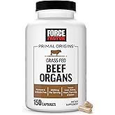 Force Factor Primal Origins Grass-Fed Beef Organs, Pasture-Raised Supplement with Liver, Kidney, Heart, Pancreas & Spleen, Hormone & Antibiotic Free, Non-GMO, 3500mg, 150 Capsules