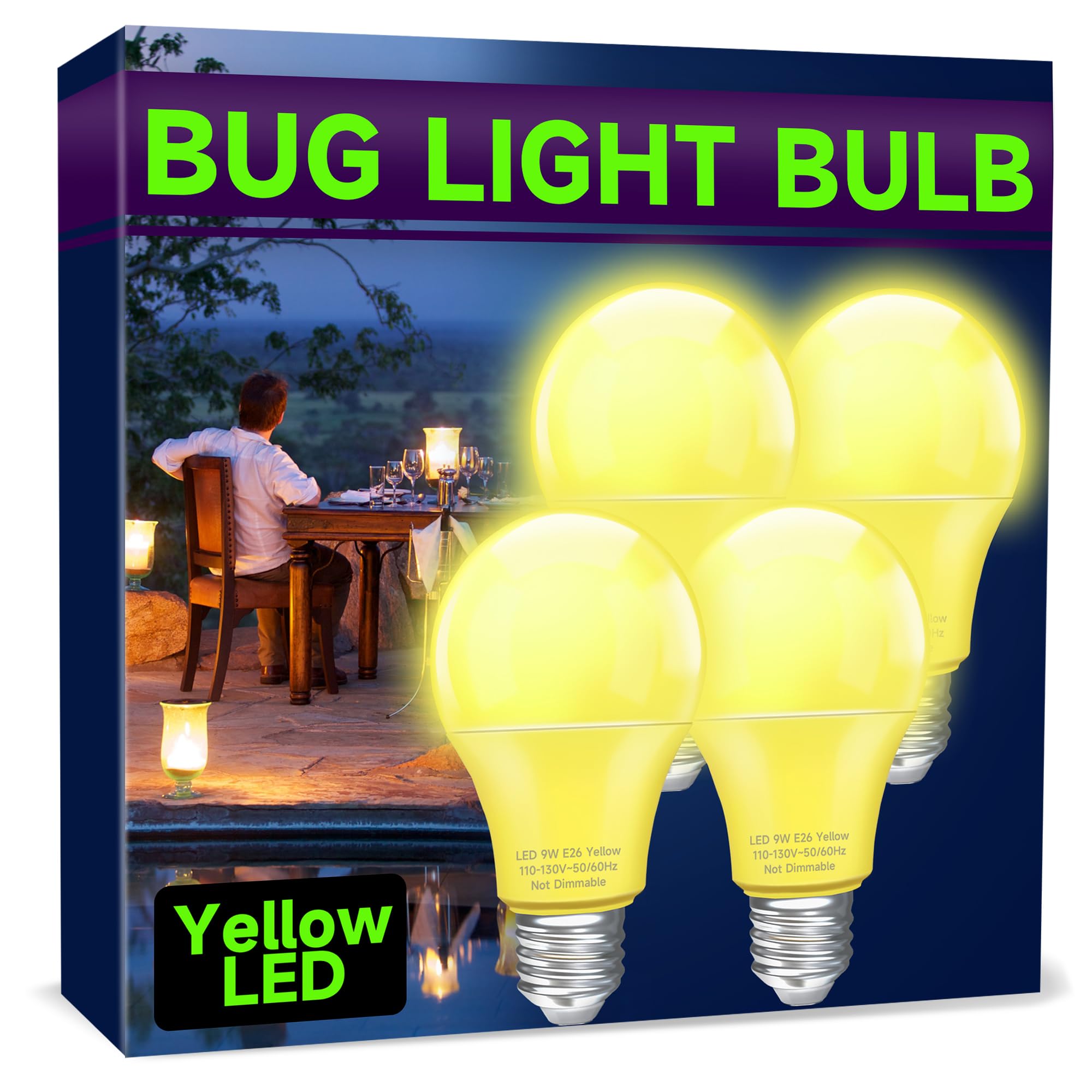 Photo 1 of UNILAMP Yellow LED Bug Light Bulbs, A19 Outdoor Yellow Bug Light Bulb, 9W Equivalent 60W, Yellow Bug Light Bulbs for Outside, E26 Base for Porch, Holiday Party Decoration, Non-Dimmable, 3 Pack