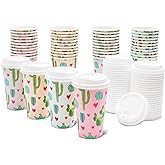 BLUE PANDA Disposable Paper Coffee Cups with Lids - Cactus & Hearts Design To Go Disposable Cups - 16 Oz, Pack of 48