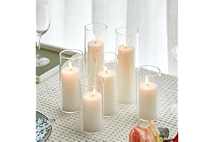NATCENSE Set of 6 White Pillar Candles with Clear Glass Hurricane Holders- Elegant Cylinder Candle Vases for Weddings, Parties, Centerpieces, Home & Office Decor (White, 6 Set)