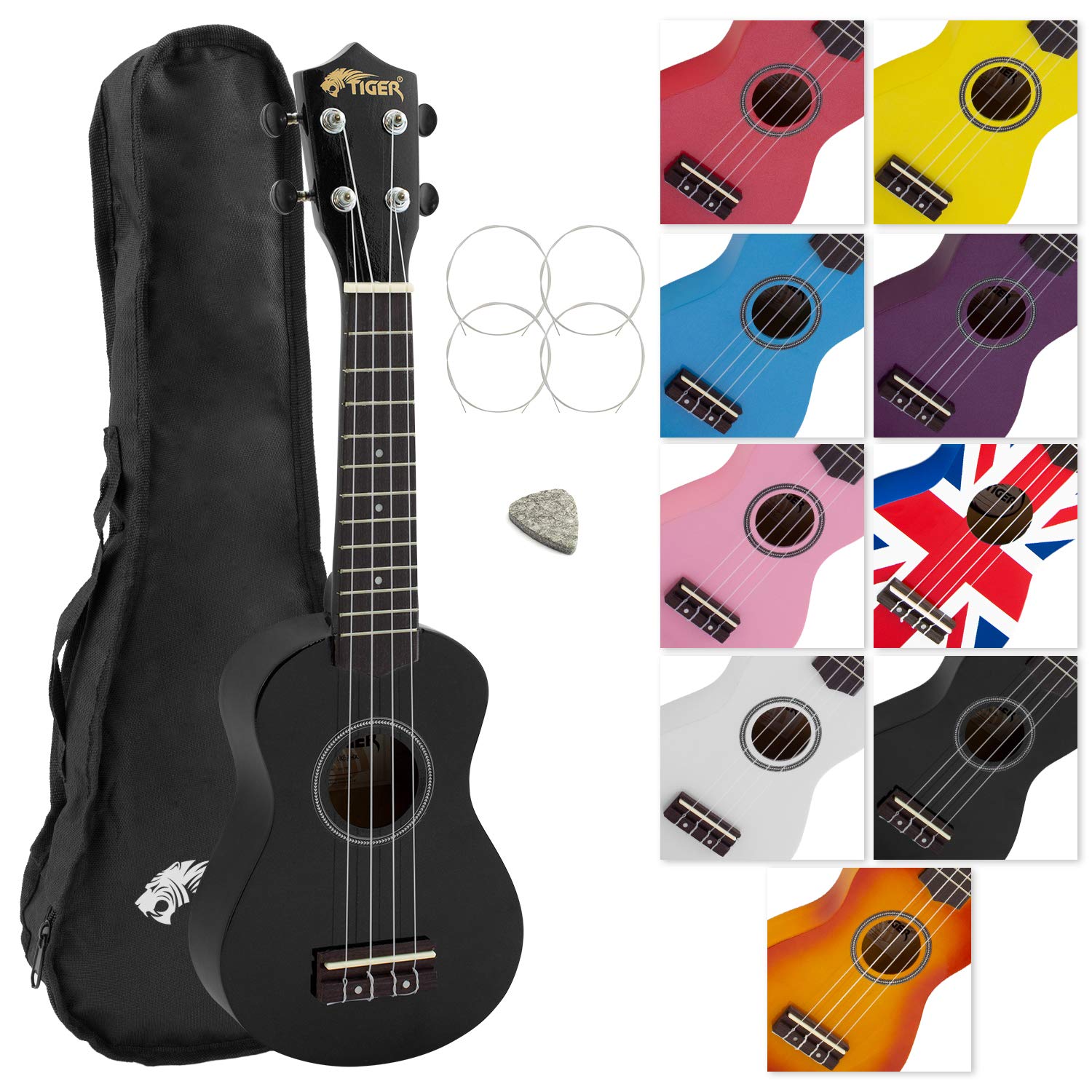 Tiger UKE7 Soprano Ukulele for Beginners Includes Gig Bag, Felt Pick