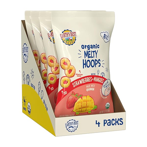 EARTH’S BEST ORGANIC MELTY HOOPS, BITE-SIZED SNACKS FOR BABIES 8 MONTHS AND UP, STRAWBERRY AND MANGO, 0.70 OUNCE BAGS (PACK OF 4)