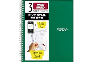 Five Star Spiral Notebook + Study App, 3 Subject, Wide Ruled Paper, 8" x 10-1/2", 150 Sheets, Fights Ink Bleed, Water Resistant Cover, Forest Green (73176)