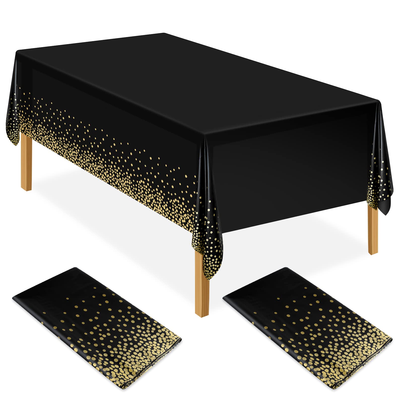 ELECLAND 2Pcs Black and Gold Party Tablecloth Plastic Tablecloth 137x274cm Gold Dot Confetti Table Cover Rectangular Party Table Cover for Picnic, Baby Shower, Halloween, Christmas