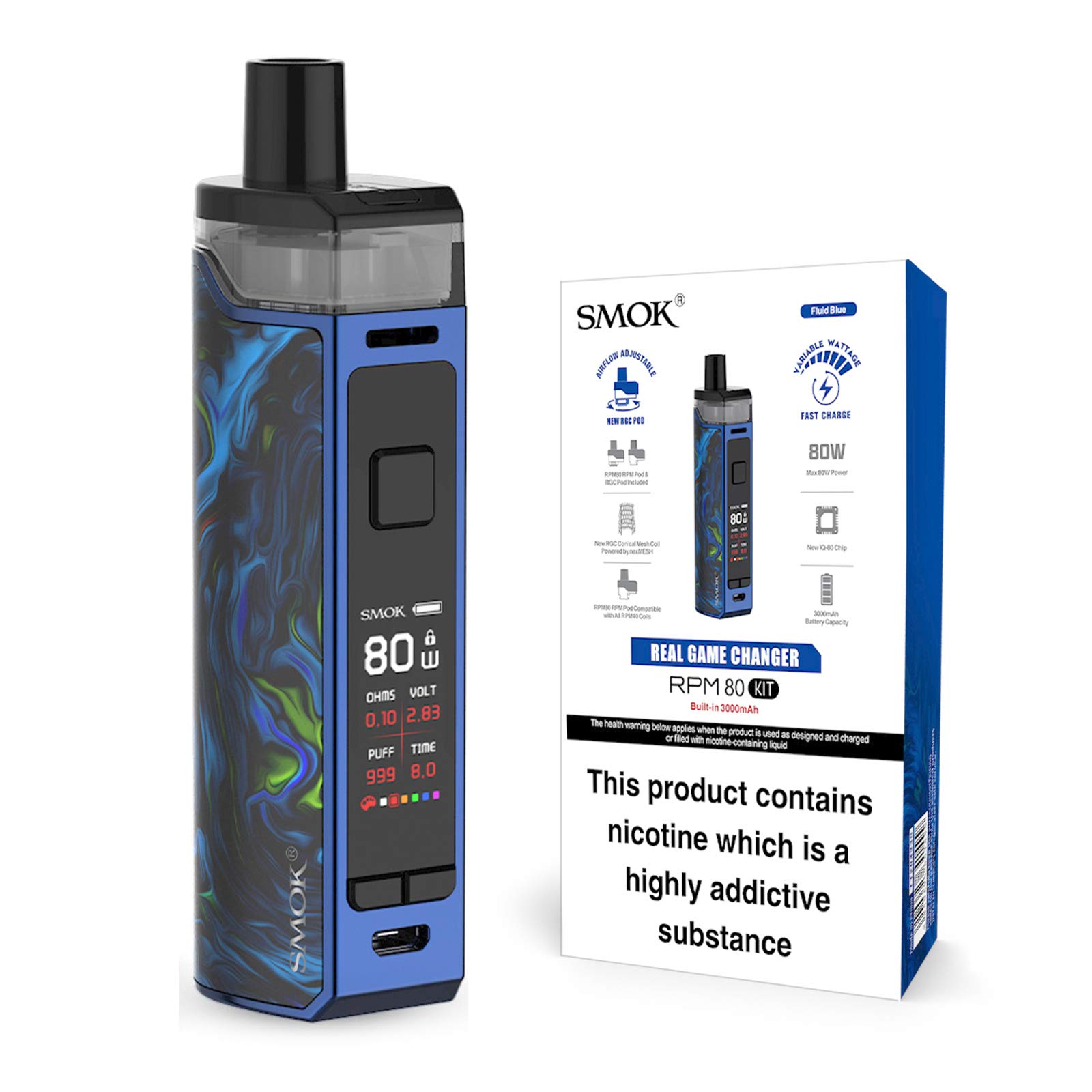 SMOK RPM80 Vape Kit [Fluid Blue] - Rechargeable 3000 mAH Battery, Refillable, Compact, User-Friendly, Balance of Power and Portability, Compatible with All RPM Coils, 2mL, E Cigarette, No Nicotine