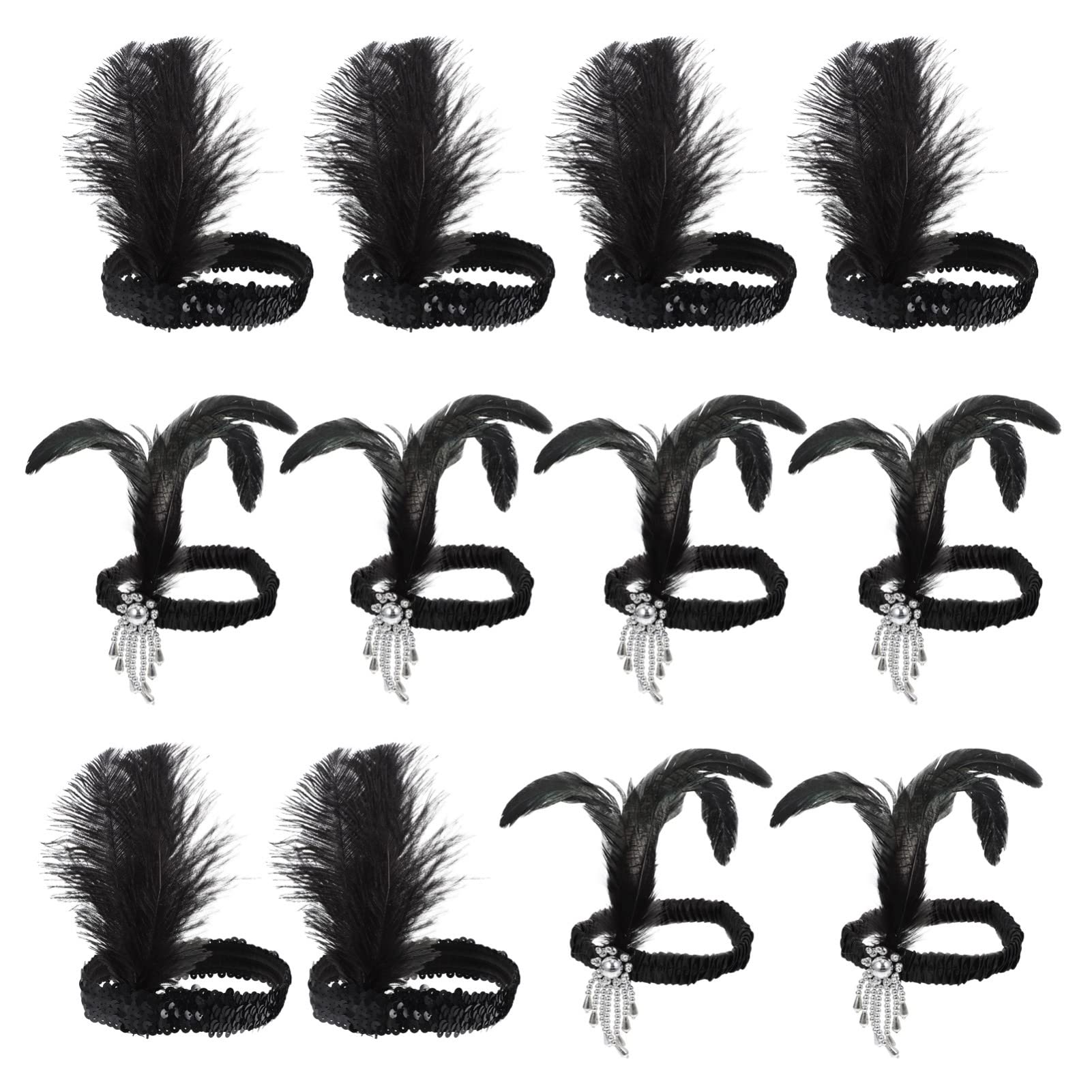 FRCOLOR 1920s Flapper Headband, Sequin Headband 1920s Flapper Accessories Set Feather Headdress Costume Headpiece for Women, 12pcs (black)