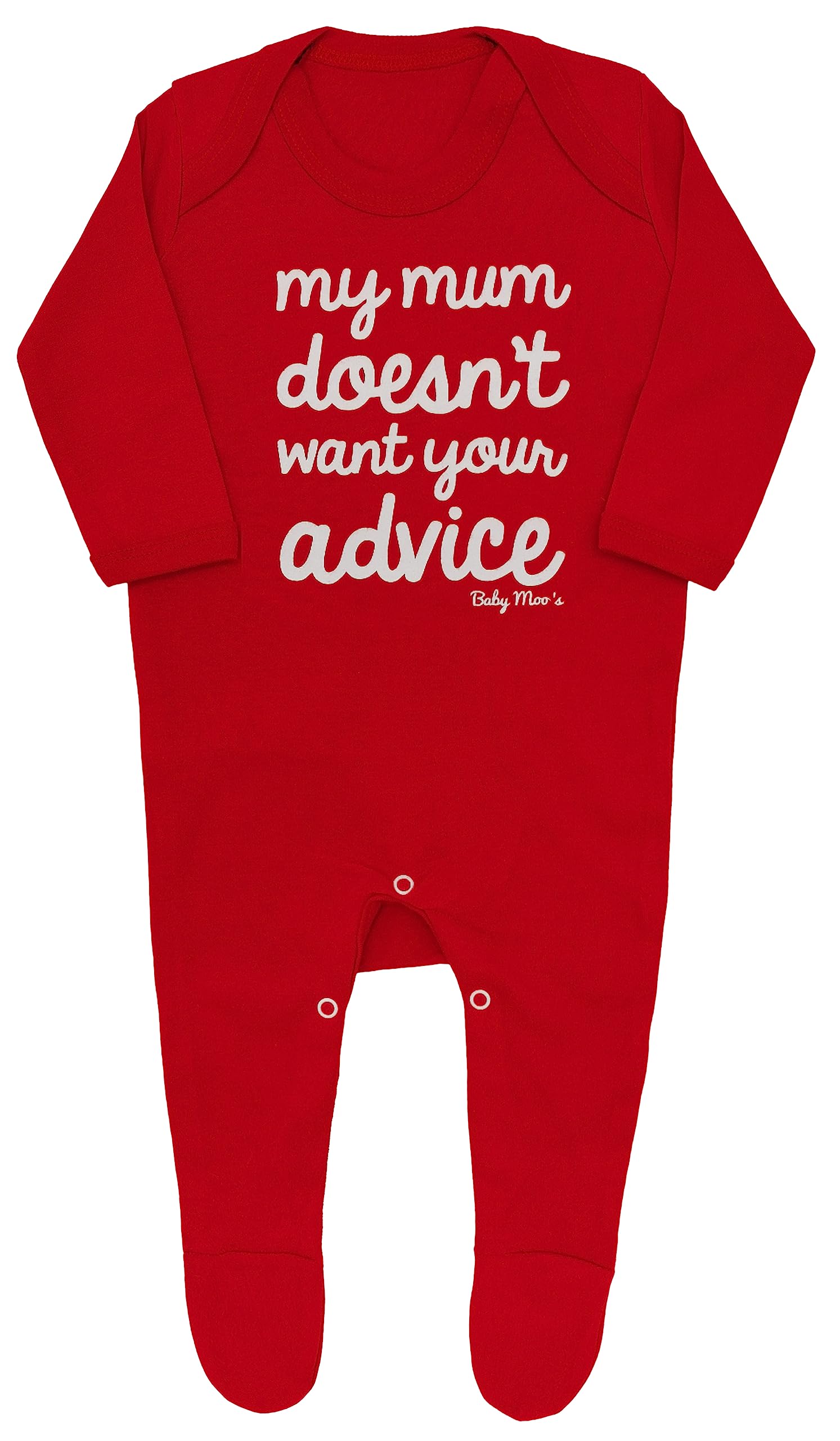 Baby Moo's Funny Baby Sleepsuit for Boys or Girls | New Novelty My Mum Doesn't Want Your Advice Baby Romper Outfit - New Baby Gift UK (6-12 months) Red
