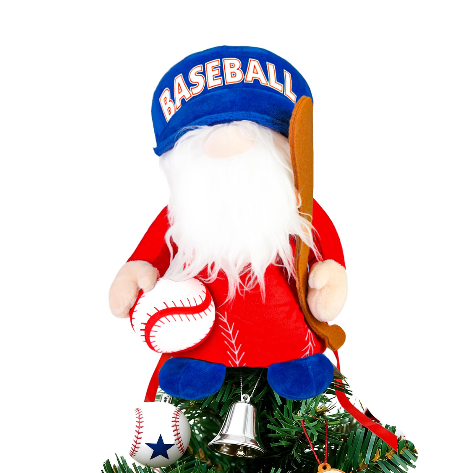 Photo 1 of 10 in Baseball Gnome Christmas Tree Topper,Winter Plush Dwarf Tree Topper Ornaments Cute Gnome with Blue Baseball Hat Tree Top Decor for Xmas Baseball Party Home Indoor/Outdoor Tree Topper Decoration