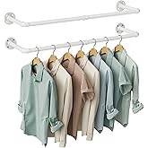 OROPY Industrial Pipe Clothes Rack Wall Mounted Set of 2, 38.4 inches Heavy Duty Iron Pipe Clothing Garment Rail, Multi-Purpose Clothing Hanging Rod for Laundry Room and Closet Storage, White