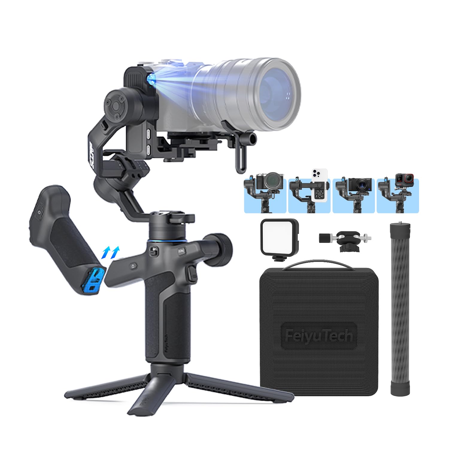 Photo 1 of [KIT] FeiyuTech SCORP Mini 3 Pro Camera Gimbal with AI Tracker,Bag+Fill Light+Extension Pole+Articulating Arm,Detachable Remote Handle All in One Camera Stabilizer,Payload 4.4lbs,Bluetooth Control