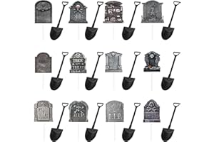 TOPORTY 48Pcs Halloween Cupcake Toppers Tombstone Cupcake Toppers with Mini Shovel Spoons Graveyard Cake Decorations Appetizer Picks for Halloween Party Supplies