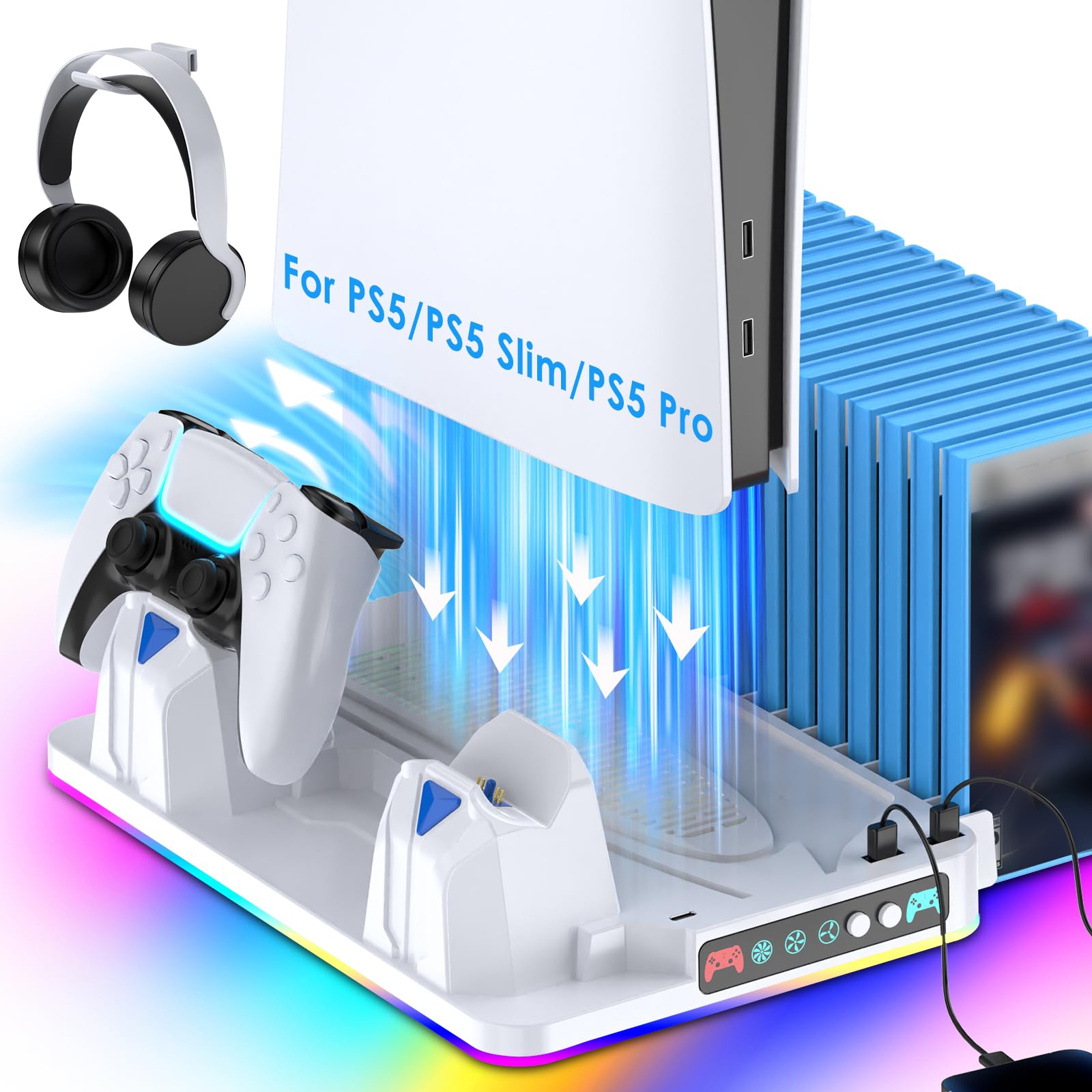 JDGPOKOO PS5/Slim/Pro Stand and Cooling Station with Dual Controller Charging Station for PlayStation 5 Console Disc & Digital, PS5 Controller Charger and Cooling Fan with Game Storage, Headset Holder