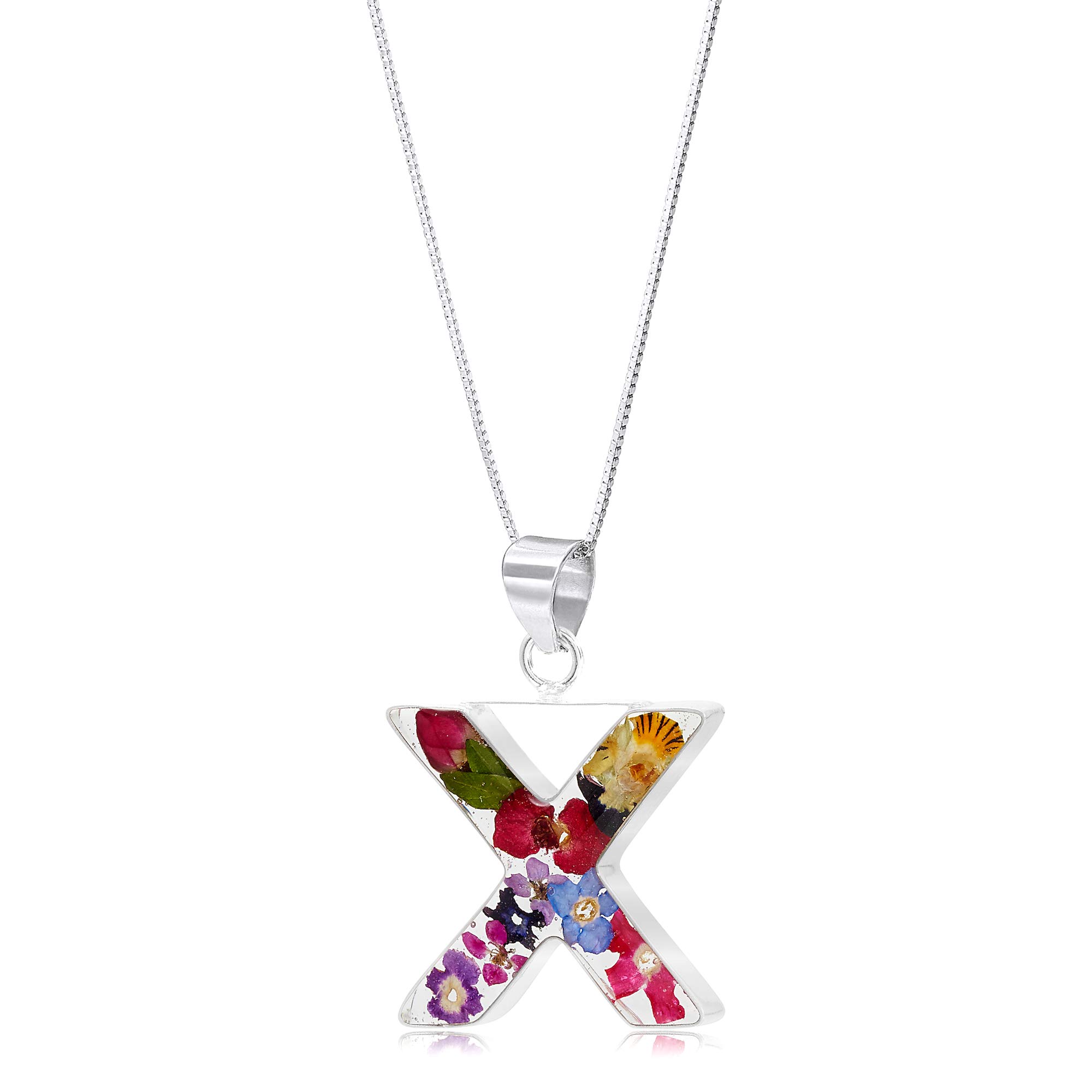 Shrieking Violet 925 Sterling Silver Letter Real Flower Initial Pendant Necklace - Assorted Flowers (Multicolour)