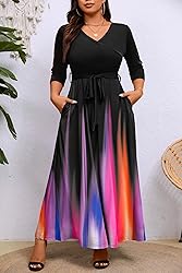 Runwind Plus Size Dress for Women 3/4 Sleeve V Neck