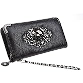 HOYOFO Skull Wallets for Women Zip Around Clutch with Credit Card Holder Phone Case Leather Long Goth Wallet Purse with Wristlet, Black