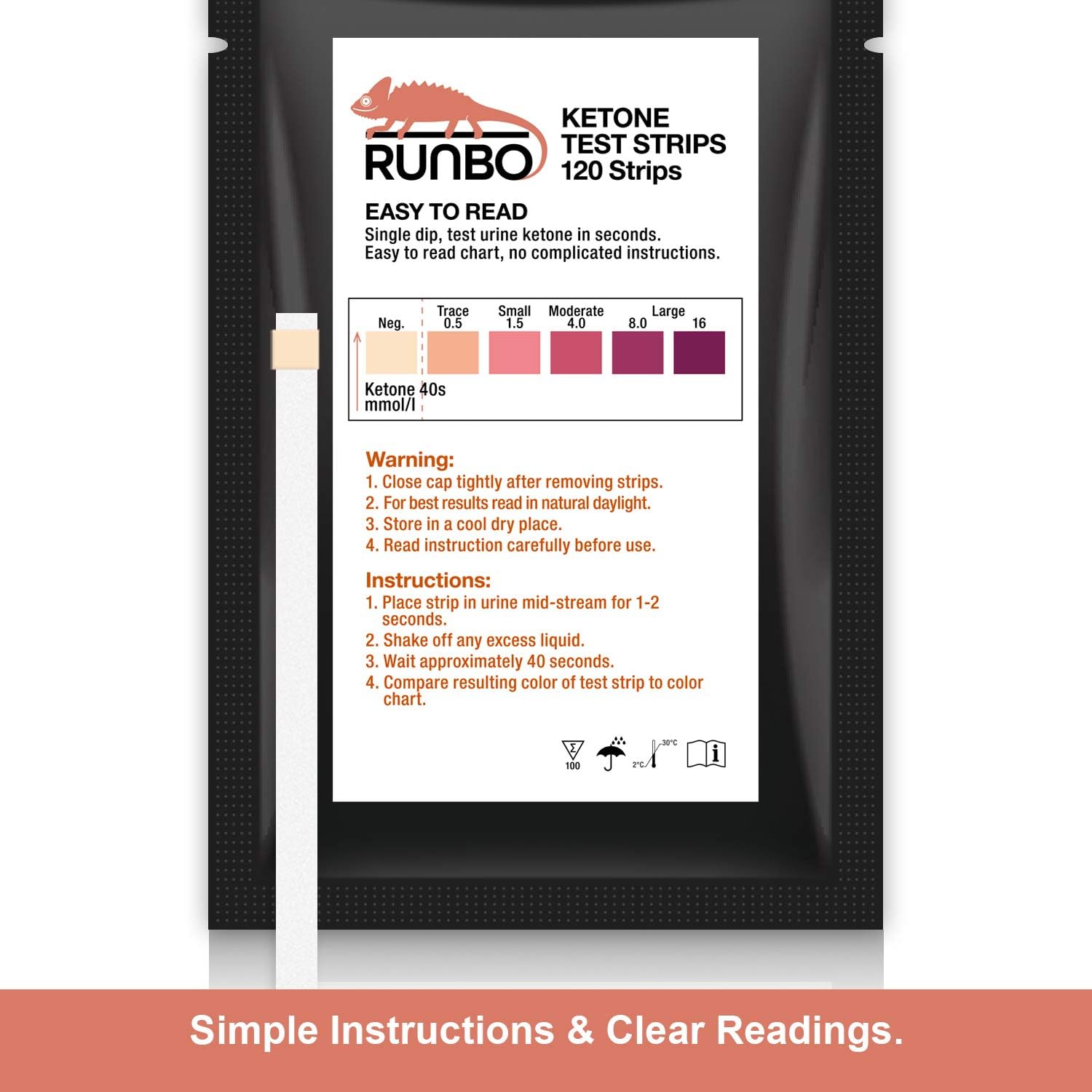 RUNBO Ketone Test Strips 120 Counts in 3 Bags. Accurate and Easy for Urine Keto Level Test. Perfect Test Strips if You are on Low Carb, Paleo, Ketogenic Dieters. Easy to Carry to Everywhere.: Health & Personal Care
