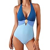 Eagerbuy Women's One Piece Swimsuit Sexy Tummy Control Bathing Suit V Neck Halter Monokini Color Block Metal Cutout Swim Suit