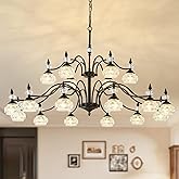 TESTOYS 49 Inch 2 Tier Vintage Black Chandelier for Dining Room, 18-Light Antique Pendant Light Crystal Glass Shade, Modern F