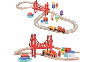 Giant bean Sky City Wooden Train Set for Boys Girls 1 2 3 4, 42 PCS Train Track Set, Railway with Stacking Rings & Rocks Train Accessories, Fits Brio, Melissa & Doug, Thomas and Friends