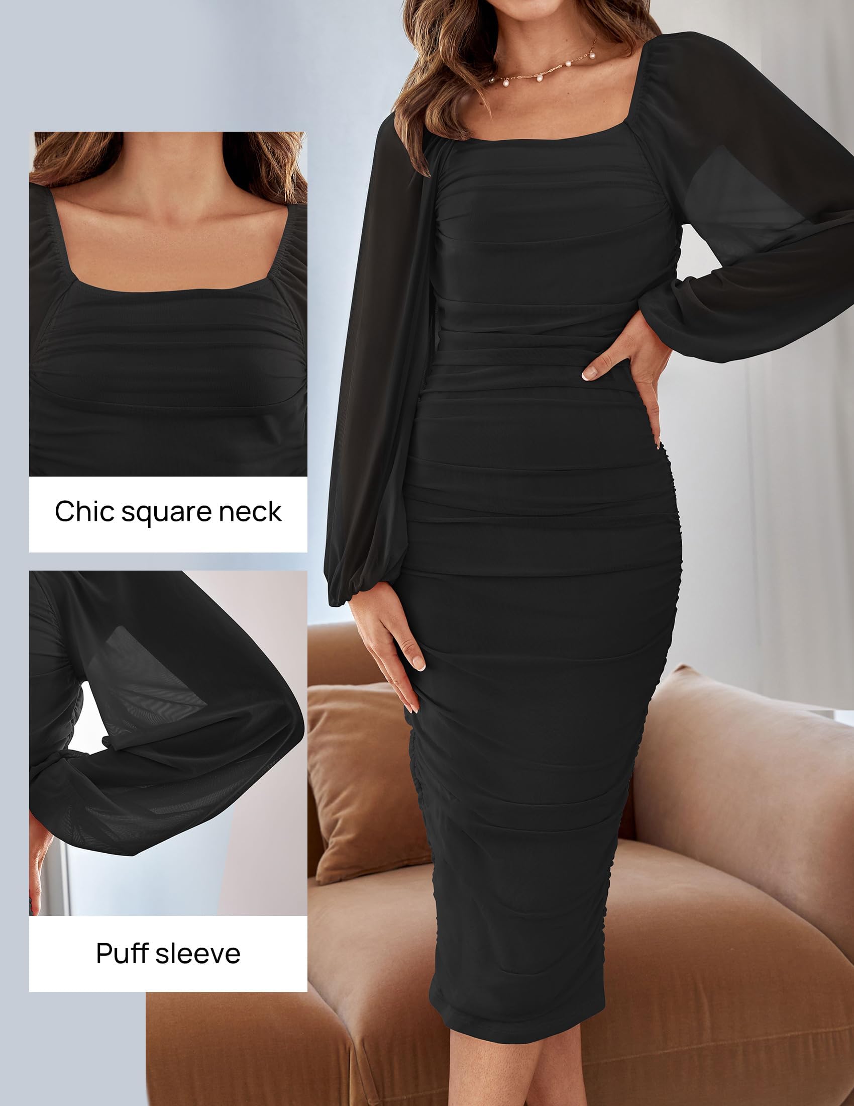 ZESICA Women's Sexy Ruched Bodycon Midi Dress Long Puff Sleeve Square Neck Backless Cocktail Party Wedding Dresses