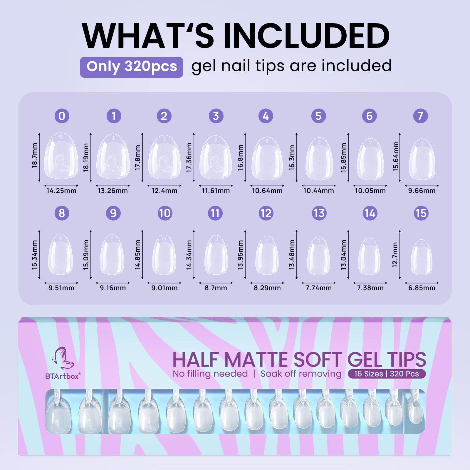 BTArtbox Extra Short Almond Nail Tips - 320pcs Half Matte Soft Gel Tips, Acrylic Pre-Shaped Fake Nails, Clear Ultra Fit & Natural False Nails for Nail Art, 16 Sizes - Image 6