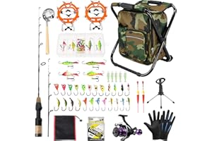 FishingPepo Ice Fishing Rod Reel Combo Complete Set Ice Fishing Gear with Backpack Seat Ice Cleats Ice Fishing Jigs Line Full