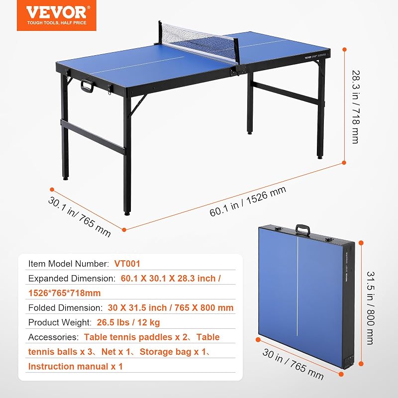 Tischtennistisch Ping-Pong-Tisch, mittelgroße tragbare Tischtennisplatte, Tischtennisplatte aus MDF zusammenklappbar komplettes Set mit Netz, 2 Schlägern, 3 Bällen, Tragetasche, Griff