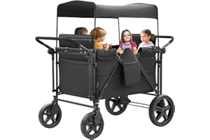 WANAN Stroller Wagon for 4 Kids, Wagon Stroller Featuring 4 High Seat with 5-Point Harnesses and Adjustable Canopy, Foldable Double Push Bar Stroller for Garden, Camping (Black)