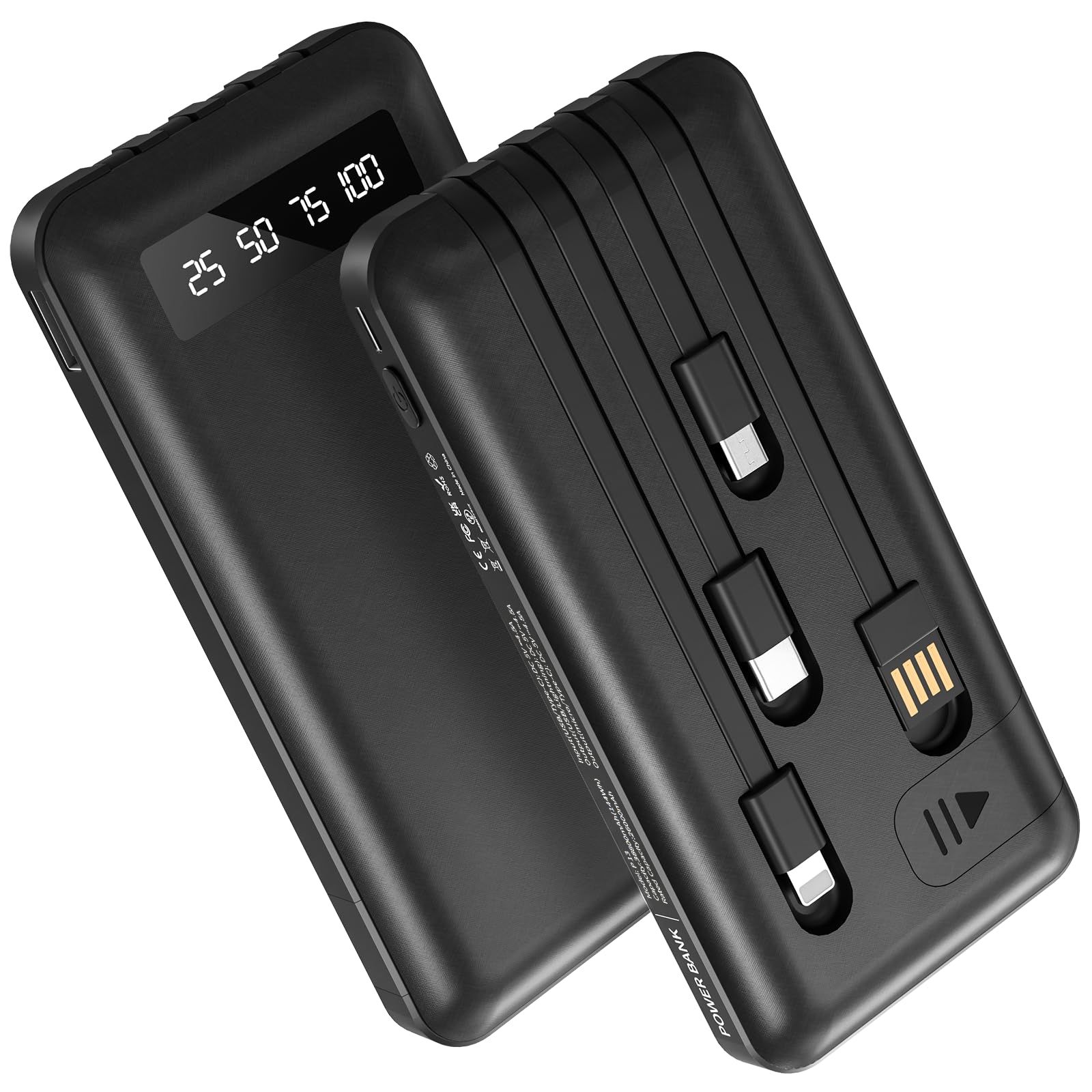 Hicyzoe Portable Charger Power Bank with 4 Built in Cables,38800mAh 22.5W External Battery Pack, USB C Fast Charging, Travel Phone Charger for iPhone 17/16/15 Samsung Android iPad(Deep Black,38800mAh)