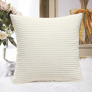 HOME BRILLIANT Striped Velvet Corduroy Euro Throw Pillow Sham Couch Cushion Cover for Teen Girls, 24 x 24 inch (60cm), Creamy White