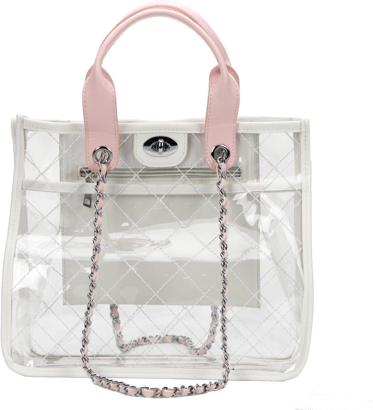 Women PVC Clear Quilted Shoulder Strap Transparent Bag Waterproof Chain Purse Handbag (White)