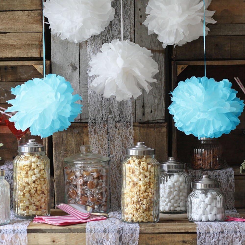 Tissue Paper Pom Pom Flower Decorations- 12 Blue & White Pom Poms With 3 Sizes 8, 10, & 12 Inches Perfect for Weddings Birthday Parties Baby Showers & Great Outdoor Decorations