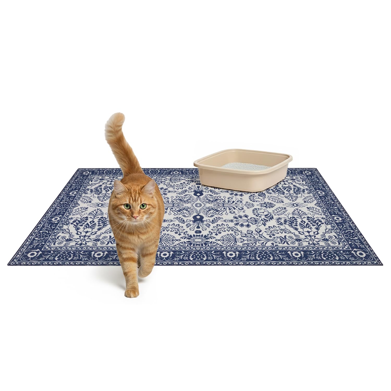 Photo 1 of Lovewag Washable Cat Litter Mat 2 PCs - Keep Litter Off Your Floors, Gentle on Paws, 36x48 Inches Large Size, Waterproof Non-Slip Reusable Compatible with Cat Box (Indigo Garden)