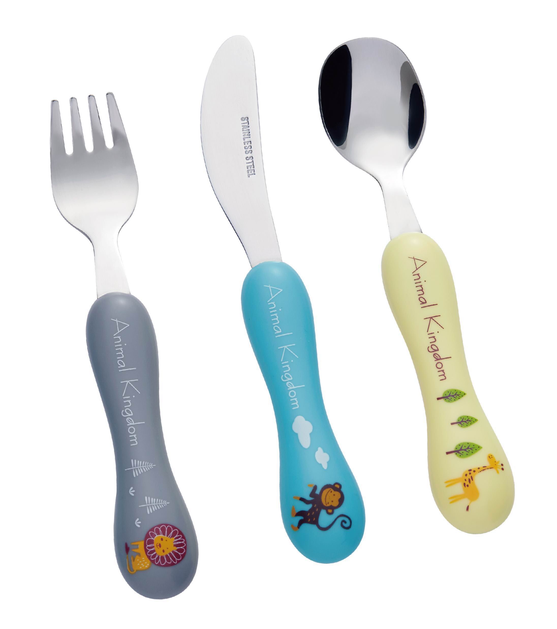 Bon Animal Kingdom 3-Piece Children's Cutlery Set/Kids Cutlery, Knife/Fork/Spoon, Mirror Polished Stainless Steel with Fun Animal Designs