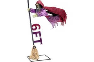 ELAMAS Halloween Animatronics Flying Witch Decorations, 6ft Animated Floating Witch with Sound Activated, Creepy Talking Sound, Mouth Move, Light Up Eyes, Haunted Decor Horror Prop for Outdoor, Yard Lawn