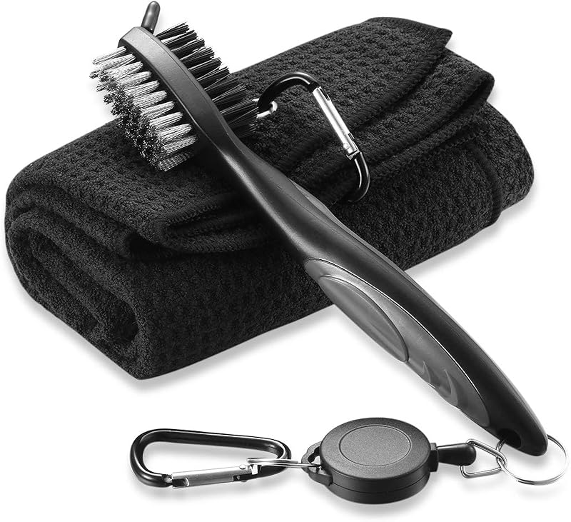 pzihao Golf Club Brush and Towel Kit with Carabiner Black Gray