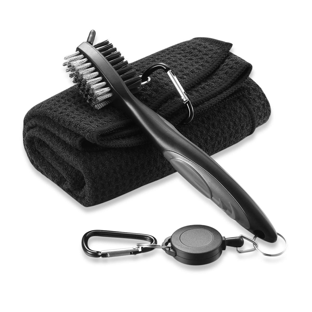 Pzihao Golf Club Brush and Microfiber Towel Kit with Carabiner Clip - Waffle Pattern Golf Cleaning Tool Set